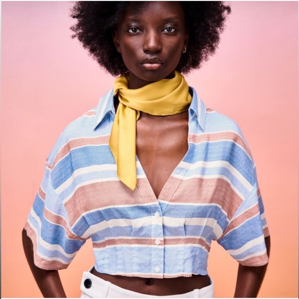 Zara Striped Linen Blend Cropped Blouse size xs